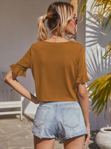 SHEIN LUNE Áo thun Xù Thắt nơ trước Nút phía trước màu trơn Giải trí - Màu Khaki - Xem 2