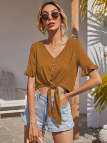 SHEIN LUNE Áo thun Xù Thắt nơ trước Nút phía trước màu trơn Giải trí - Màu Khaki - Xem 3