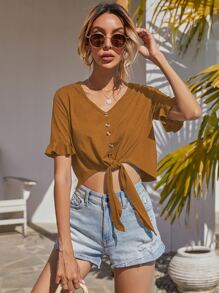 SHEIN LUNE Áo thun Xù Thắt nơ trước Nút phía trước màu trơn Giải trí - Màu Khaki - Xem 4