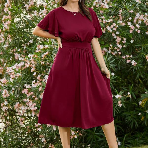 

Plus Butterfly Sleeve A-line Dress, Burgundy