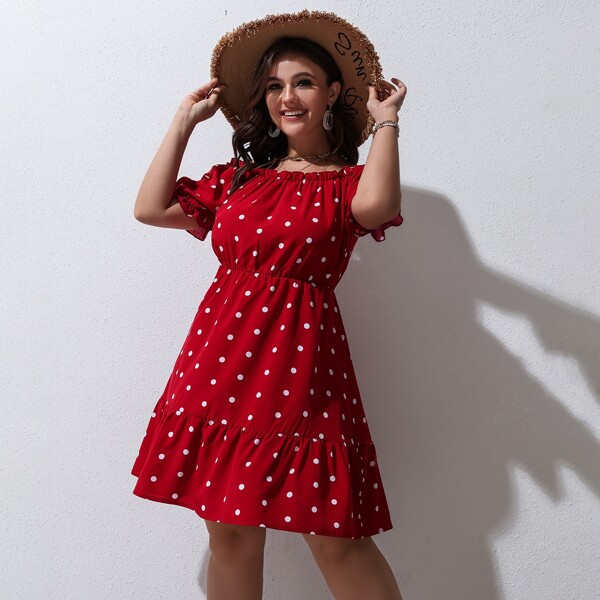 

Plus Polka Dot Frill Trim Dress, Burgundy