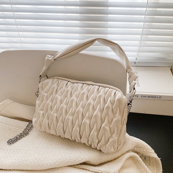 

Minimalist Quilted Chain Shoulder Bag, Beige