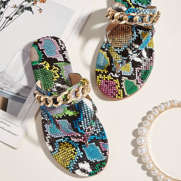 

Chain Decor Snakeskin Thong Sandals, Multicolor