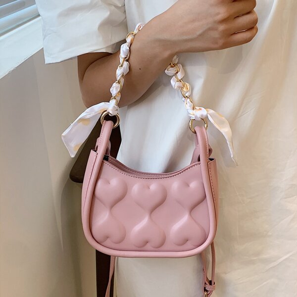 

Heart Pattern Scarf Decor Shoulder Bag, Pink