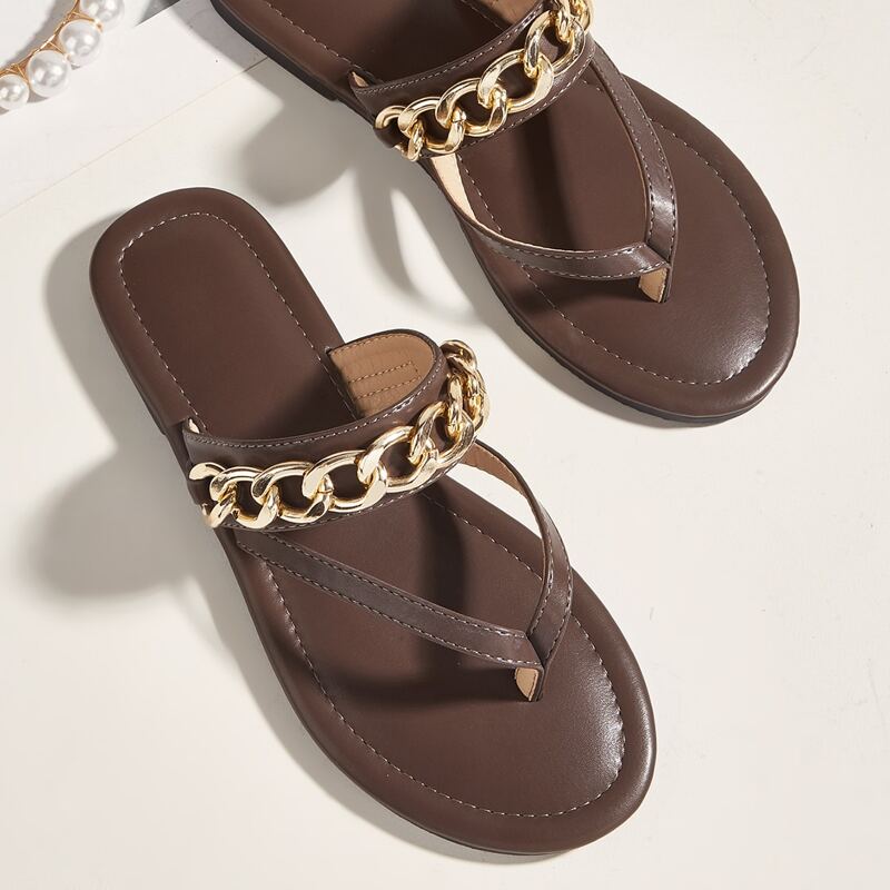 

Chain Decor Thong Sandals, Coffee brown