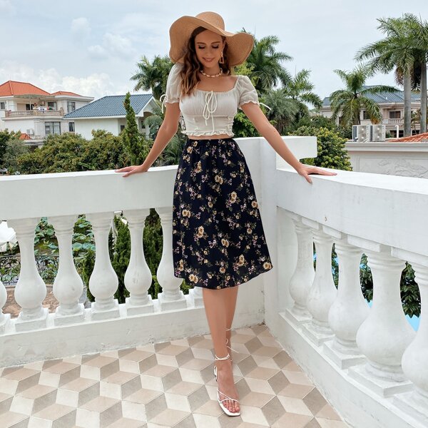 

Allover Floral Print A-Line Skirt, Multicolor