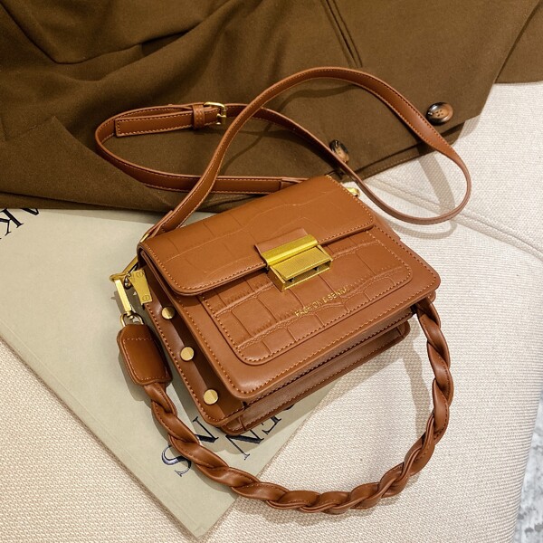 

Metal Lock Croc Embossed Shoulder Bag, Brown