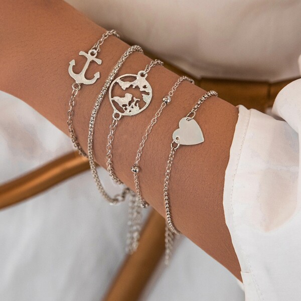 

5pcs Heart & Anchor Bracelet, Silver