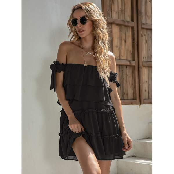 

Off-shoulder Layered Ruffle Dress, Black