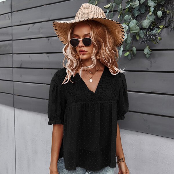 

Lace Panel Swiss Dot Chiffon Blouse, Black