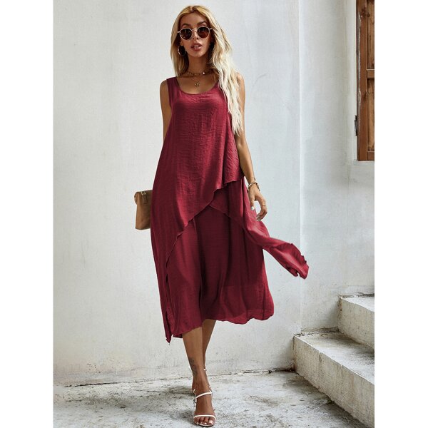 

Asymmetric Hem Solid Dress, Burgundy