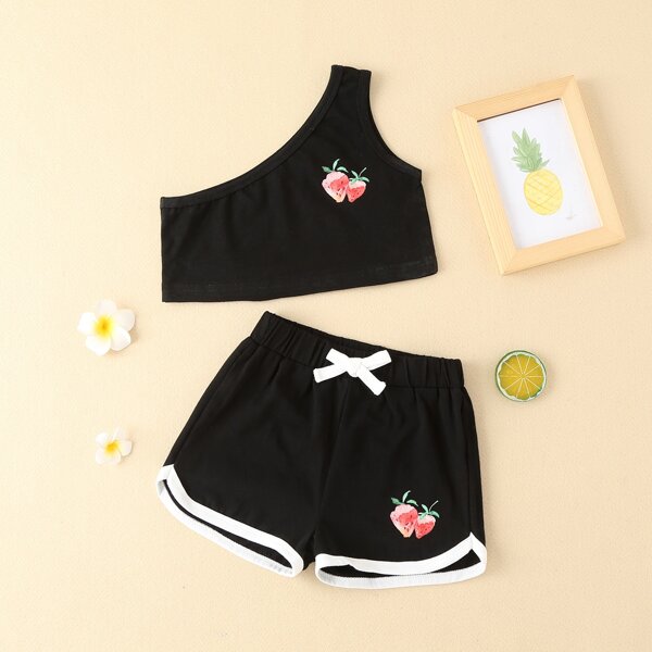 

Toddler Girls Strawberry Print One Shoulder Top With Track Shorts, Black