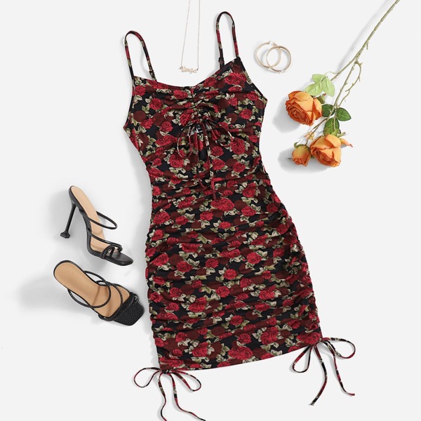 

Allover Floral Print Drawstring Ruched Bodycon Dress, Multicolor
