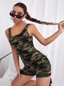 SHEIN Essnce Camo Print Unitard Romper - Army Green - View 1