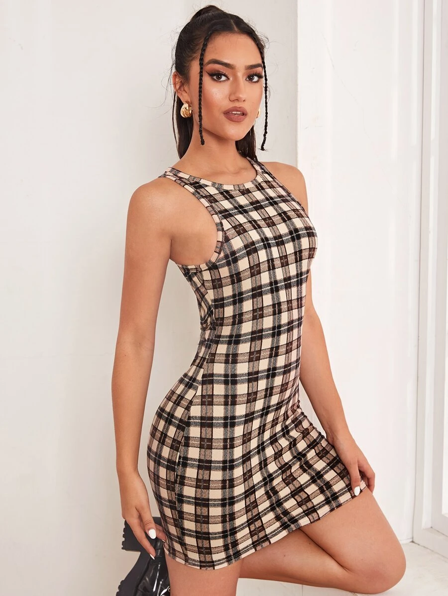 SHEIN Privé Vestido Entallado Con Estampado De Cuadros - Marrón - Ver 1
