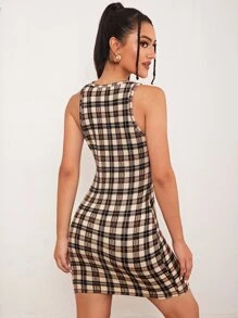 SHEIN Privé Vestido Entallado Con Estampado De Cuadros - Marrón - Ver 2