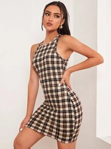 SHEIN Privé Vestido Entallado Con Estampado De Cuadros - Marrón - Ver 3