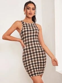 SHEIN Privé Vestido Entallado Con Estampado De Cuadros - Marrón - Ver 5