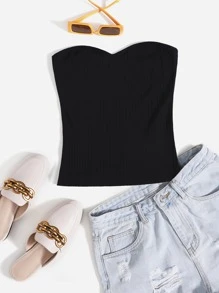 SHEIN EZwear Top bandeau unicolor tejido de canalé - Negro - Ver 1