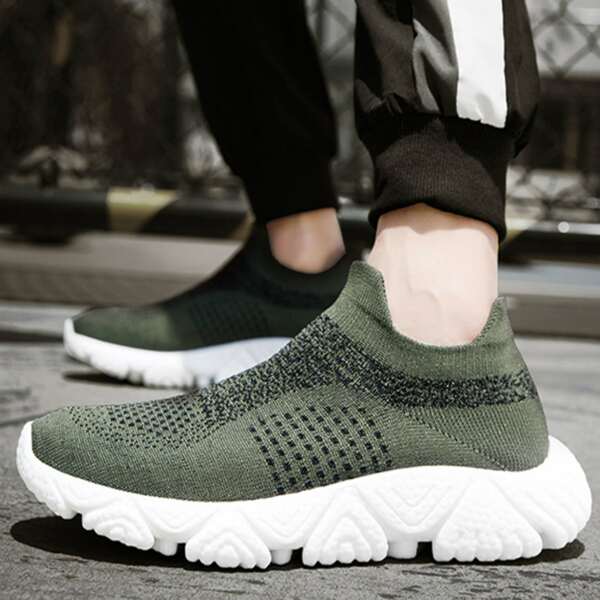 

Men Knit Panel Slip-On Running Shoes, Army green