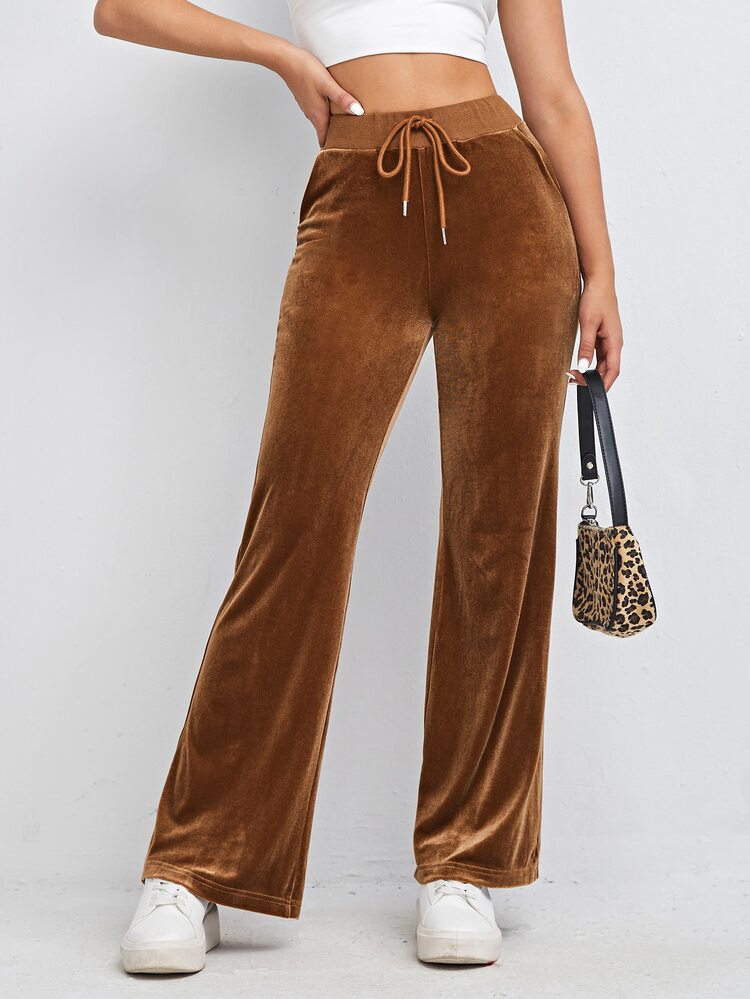 SHEIN EZwear Drawstring Waist Velvet Pants - Brown - View 1