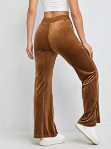 SHEIN EZwear Pantalones de cintura con cordón de terciopelo - Marrón - Ver 2