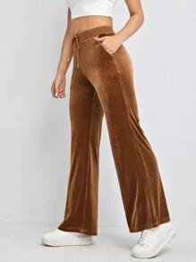 SHEIN EZwear Pantalones de cintura con cordón de terciopelo - Marrón - Ver 3