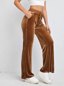 SHEIN EZwear Pantalones de cintura con cordón de terciopelo - Marrón - Ver 4
