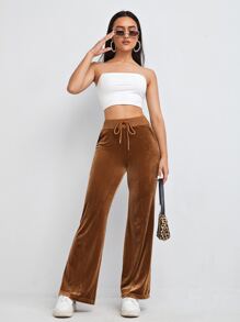 SHEIN EZwear Pantalones de cintura con cordón de terciopelo - Marrón - Ver 5