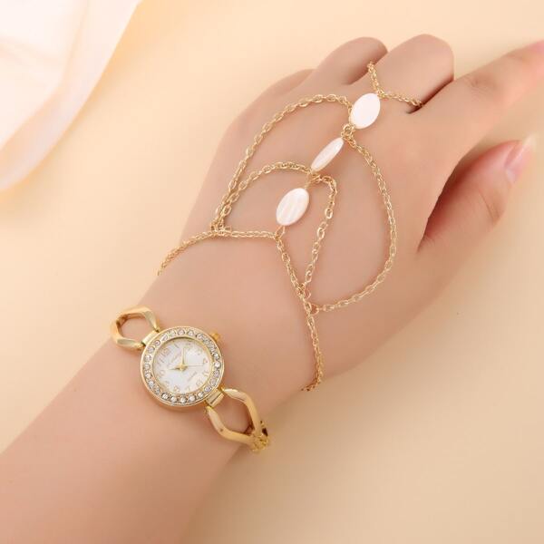 

1pc Rhinestone Decor Quartz Watch & 1pc Bracelet