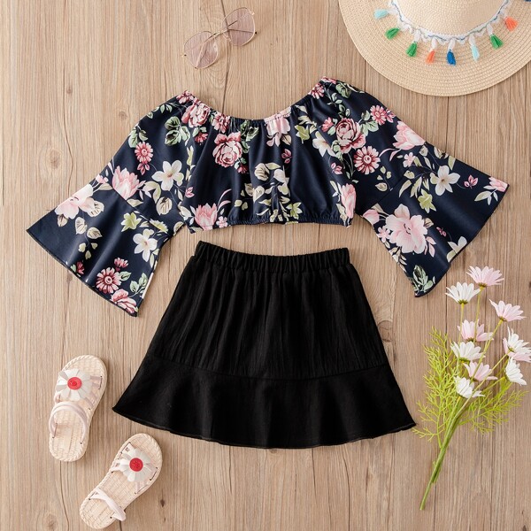

Toddler Girls Floral Flounce Sleeve Top With Skirt, Black
