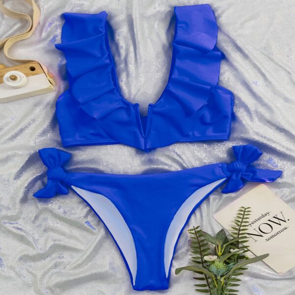 

Ruffle Trim V Wired Tie Side Bikini Swimsuit, Royal blue