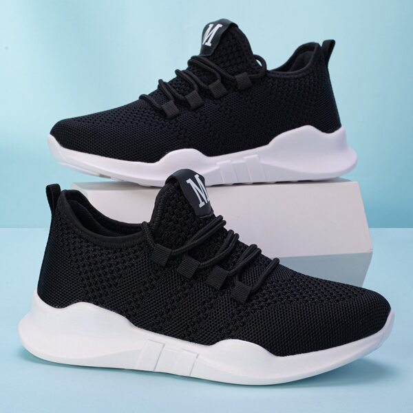 

Letter Graphic Lace Up Decor Knit Running Shoes, Black