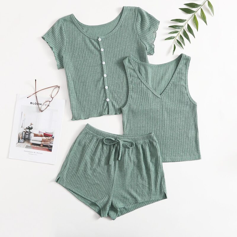 

3 Pack Solid Rib-knit Lounge Set, Mint green