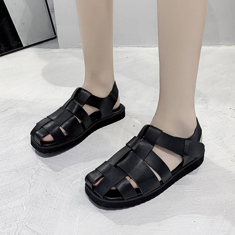 

Velcro Strap Flat Gladiator Sandals, Black
