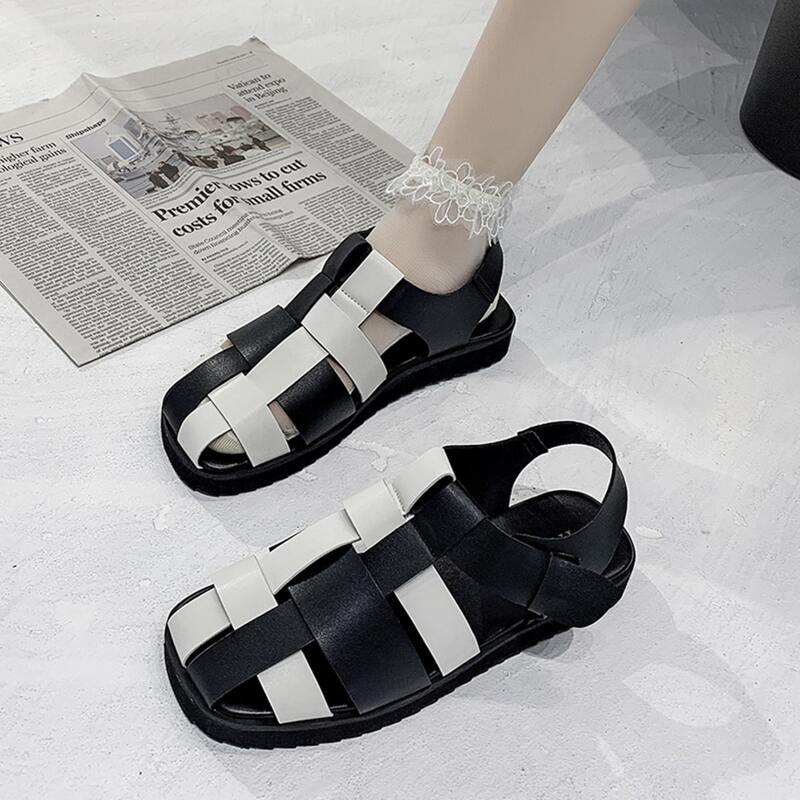 

Velcro Strap Flat Gladiator Sandals, Black and white