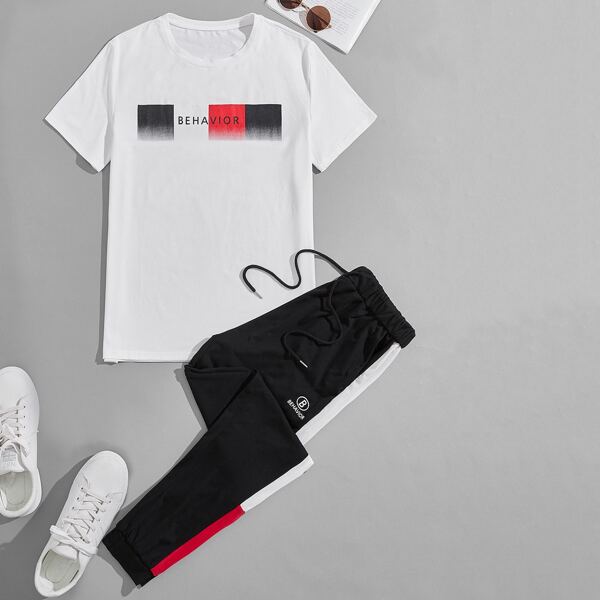 

Men Letter Graphic Tee With Drawstring Sweatpants, White