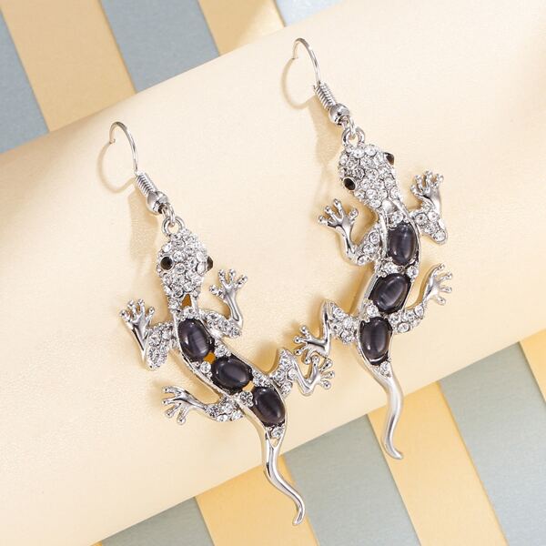 

Rhinestone Gecko Earrings, Silver