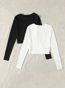 2pcs Solid Long Sleeve Tee - Black and White - View 2