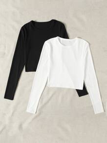 2pcs Solid Long Sleeve Tee - Black and White - View 5