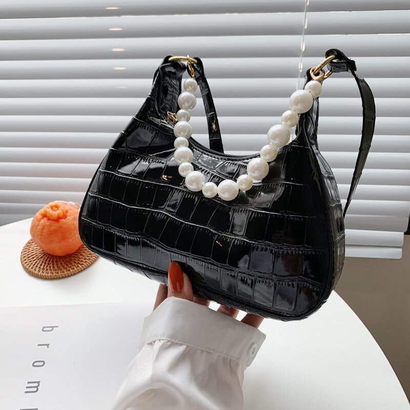 

Faux Pearl Decor Croc Embossed Shoulder Bag, Black