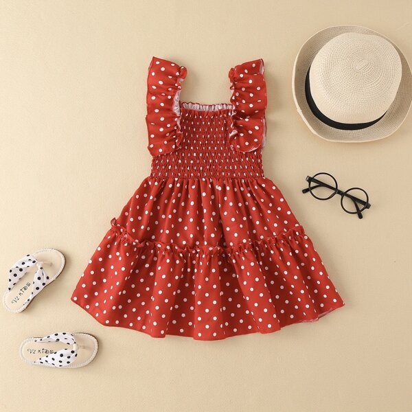 

Toddler Girls Polka Dot Shirred Ruffle Cami Dress, Red