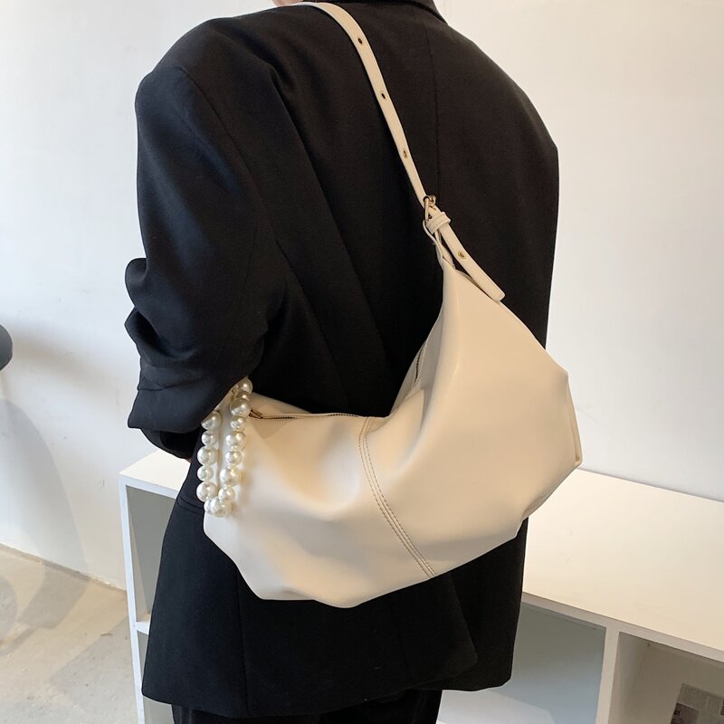

Faux Pearl Decor Ruched Shoulder Bag, White