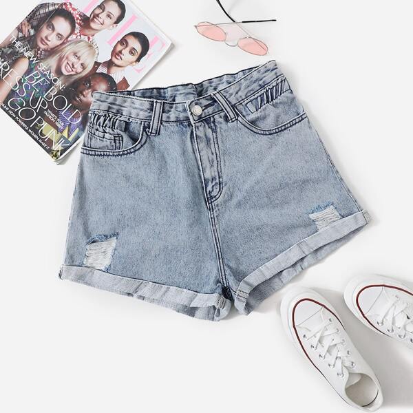 

Ripped Rolled Hem Washed Denim Shorts, Medium wash