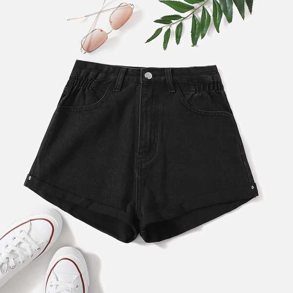 

Roll Up Straight Leg Denim Shorts, Black