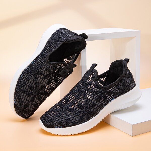 

Floral Lace Slip On Sneakers, Black