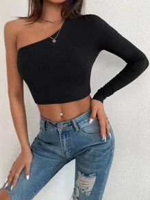 SHEIN Unity Áo thun Cắt ra màu trơn Gợi cảm - màu đen - Xem 3