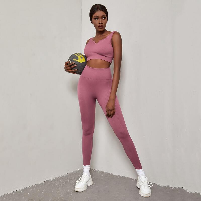 

Seamless Absorb Sweat Minimize Bounce Solid Sports Bra & Leggings, Pink