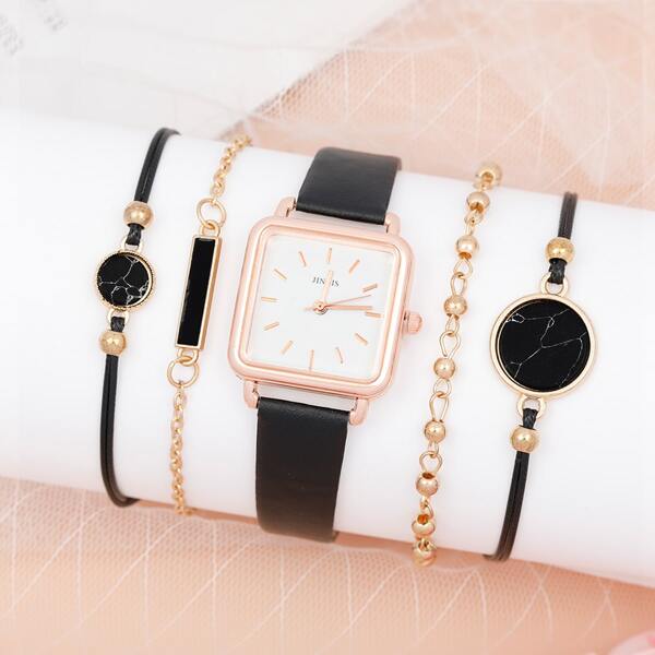 

1pc Minimalist Square Pointer Quartz Watch & 4pcs Bracelet