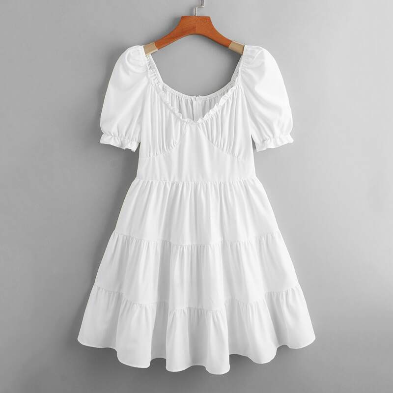 

Solid Puff Sleeve Dress, White